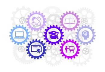 An education concept with gears, related with university and work, industrial education, clipart, education related illustration, graduation, diploma