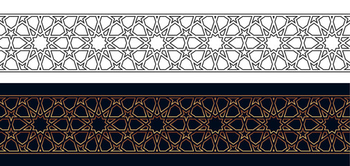 Islamic ornamental seamless border based on a tenfold traditional rosette. Vector illustration.