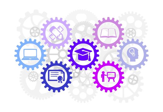 An education concept with gears, related with university and work, industrial education, clipart, education related illustration, graduation, diploma