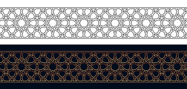 Islamic ornamental seamless border based on a tenfold traditional rosette. Vector illustration.