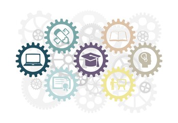 An education concept with gears, related with university and work, industrial education, clipart, education related illustration, graduation, diploma
