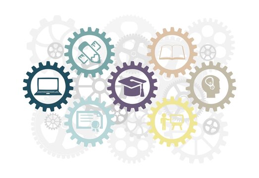 An education concept with gears, related with university and work, industrial education, clipart, education related illustration, graduation, diploma
