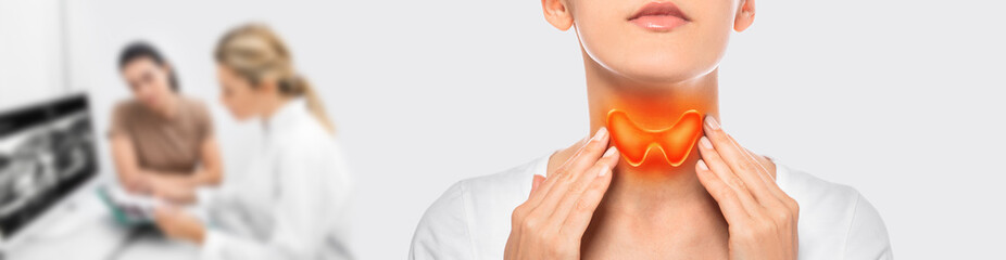Woman palpation her neck, examine thyroid gland. Drawn virtual thyroid gland on her neck. Medical...
