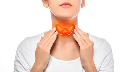 Woman showing painted thyroid gland on her neck. Enlarged butterfly-shaped thyroid gland, isolated on white background - obrazy, fototapety, plakaty