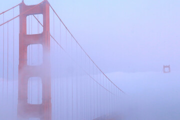 Piliers rouges du Golden gate de San Francisco émergeant du brouillard