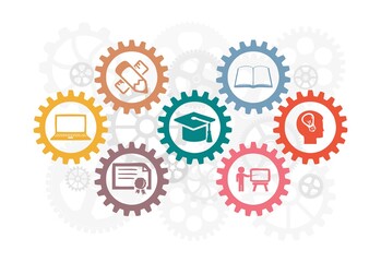 An education concept with gears, related with university and work, industrial education, clipart, education related illustration, graduation, diploma