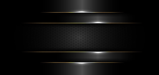 Abstract banner design template black glossy with gold line and lighting effect on dark background and texture