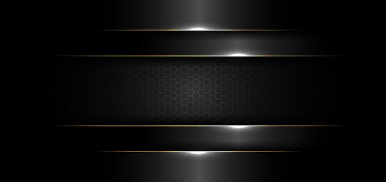 Abstract banner design template black glossy with gold line and lighting effect on dark background and texture