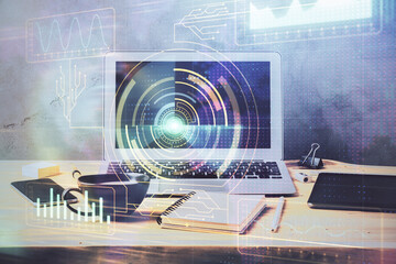 Double exposure of desktop computer and technology theme hologram. Concept of software development.