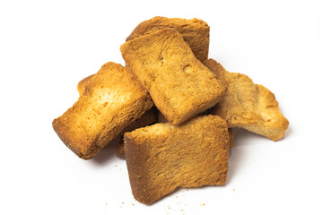 A pile of delicious toast biscuit isolated on white  background