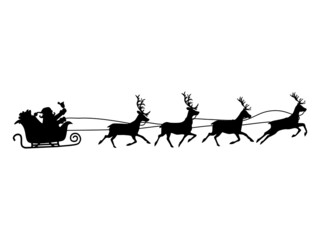Silhouette of Santa Claus on a reindeer sleigh. isolate on white background. Vector illustration