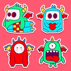 kawaii doodle cartoon monster designs for wallpaper, stickers, coloring books, pins, emblems, logos and more