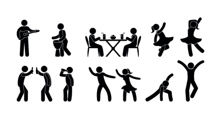 people having fun, dancing, playing music, resting, stick figure pictograms isolated icons