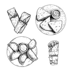 Mexican fast food set. Hand drawn sketch style. Top view. Tamales, Empanadas, Burritos and Quesadillas. Best for menu design and package. Vector illustrations isolated on white background.