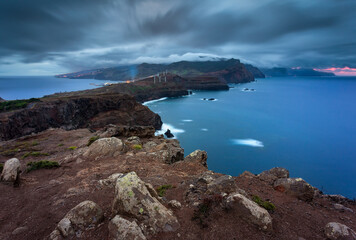 Fototapeta na wymiar Cliffs view on East coast of Madeira island at nightfall. Ponta de Sao Lourenco. Portugal. Europe