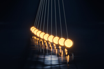 Glowing pendulums in dark space. Science concept. 3d rendering - illustration.