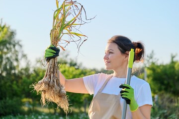 Smiling woman farmer gardener holding fresh dug garlic plant in hand