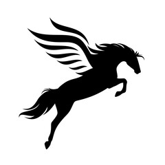 winged pegasus horse black and white vector outline - flying mythical stallion detailed silhouette