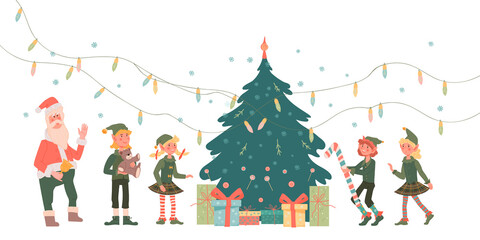 Christmas banner with elves, kids cartoon characters and Santa laying gifts under Xmas tree, cartoon flat vector illustration on white background. Elves as cute children personages with Santa Claus.