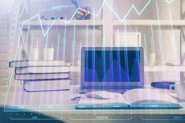 Stock market chart hologram drawn on personal computer background. Multi exposure. Concept of investment.