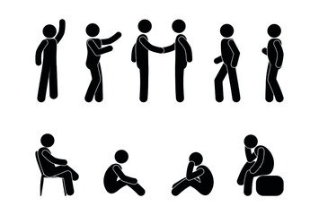 people stand and sit, set of stick men, stick figure pictograms isolated icons