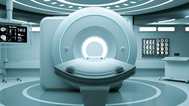 Zooming into magnetic resonance imaging (MRI) machine. Generic medical motion background. 3D rendering.