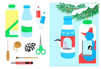 Set of items for creating bird feeders. Winter crafts. Vector illustration.