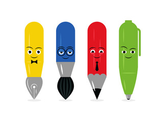 Pen, brush, pencil, and pen. A set of stationery items.