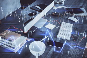 Multi exposure of graph and financial info and work space with computer background. Concept of...