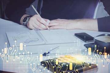 Writing Man hands with data theme multi exposure icons.