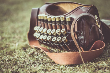 Shotgun cartridges in a gun loader bag during a pheasant shoot.