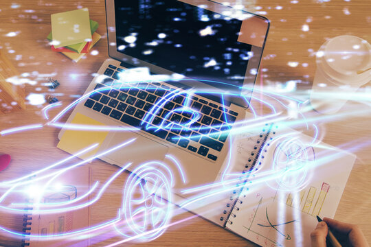 Human hands background and autonomous self drive pilot vehicle concept. Multi exposure.