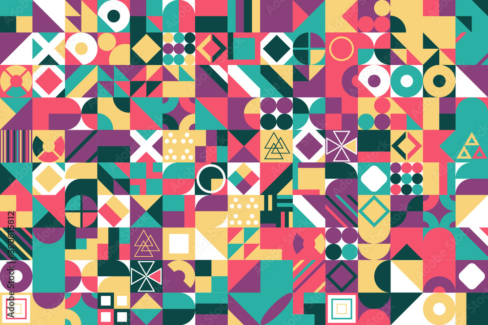 Poster abstract multicolored geometric pattern. different geometric figures background. flat minimal style.