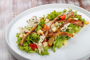Salad with baked eggplant, mozzarella and romaine lettuce