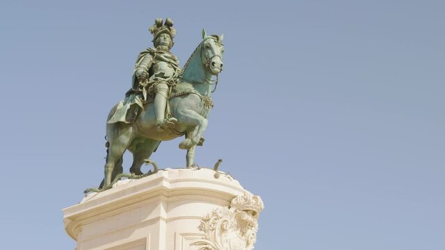A close view of the Statue of King José I The king on his horse crushing snakes on his path, Portugal, Lisbon.