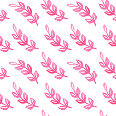 Seamless pattern with pink watercolor hand drawn branches. Valentines Day illustration. Romantic love background.
