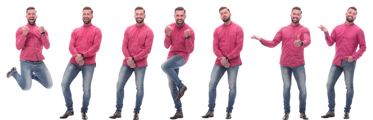 collage of photos of a modern man in a red shirt.