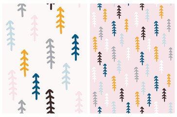 Seamless Winter Forest Vector Patterns Set. Funny Hand Drawn Christmas Trees Isoleted on Light Beige and Pastel Pink Background. Irregular Abstract Woods Print ideal for Fabric, Textile, Decoration.