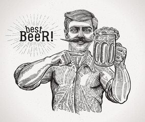Man with a beer mug in one hand, pointing with the finger of the other hand at the mug.