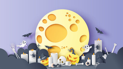 Illustration of items decorated for halloween celebrate on night sky backdrop. Graphic design for Halloween. paper cut and craft style. vector, illustration.