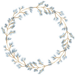 Fototapeta na wymiar Watercolor blue winter hand drawn wreath. Christmas illustration isolated on white. Perfect for greeting cards, invitation, winter wedding decor and other DIY projects.