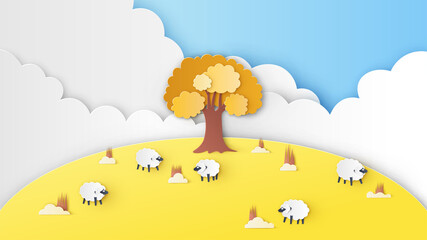 Autumn hill meadow scenery with sheep family live under the tree. Sheep farm In the fall. paper cut and craft style. vector, illustration.