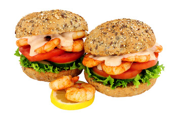 Tiger prawn and salad sandwich rolls with Marie Rose sauce isolated on a white background
