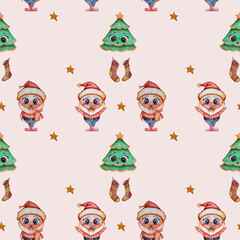 Seamless Christmas pattern. Cute old man Santa Claus with a gift and raised hands, a merry Christmas tree and Christmas socks and against a white background. Watercolor. Hand drawing