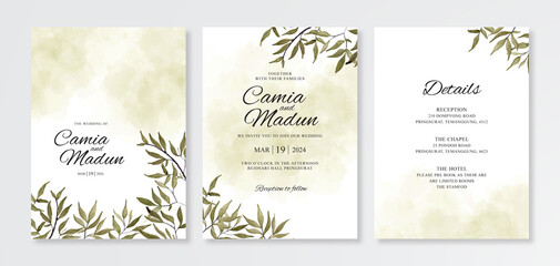Elegant wedding invitation template with hand painted watercolor foliage