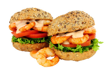 Tiger prawn and salad sandwich rolls with Marie Rose sauce isolated on a white background