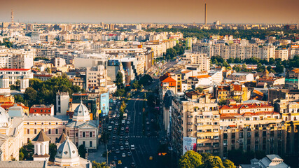 Obraz premium Bucharest top view from above during with an amazing city landscape during summer sunnset
