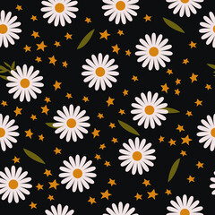 Fairy and cute seamless pattern with camomiles and stars