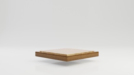 Levitating rhombus wooden podium with gold top isolated on white background. 3d rendered minimalistic abstract background concept for product placement.