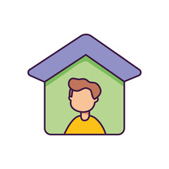 coronavirus prevention concept, man in home icon, flat style